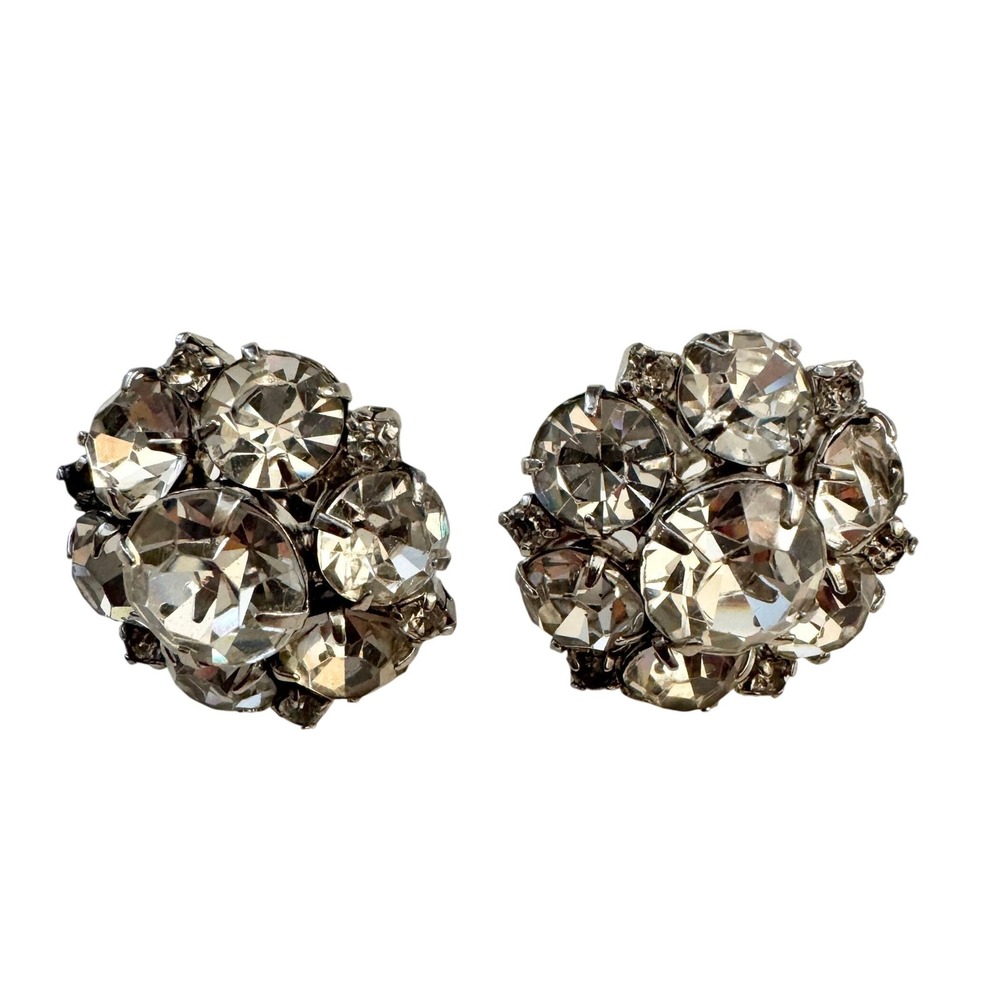 Vintage Round Diamante Rhinestone Statement Earrings Cluster Glam Sparkly Glitz - Picture 9 of 11
